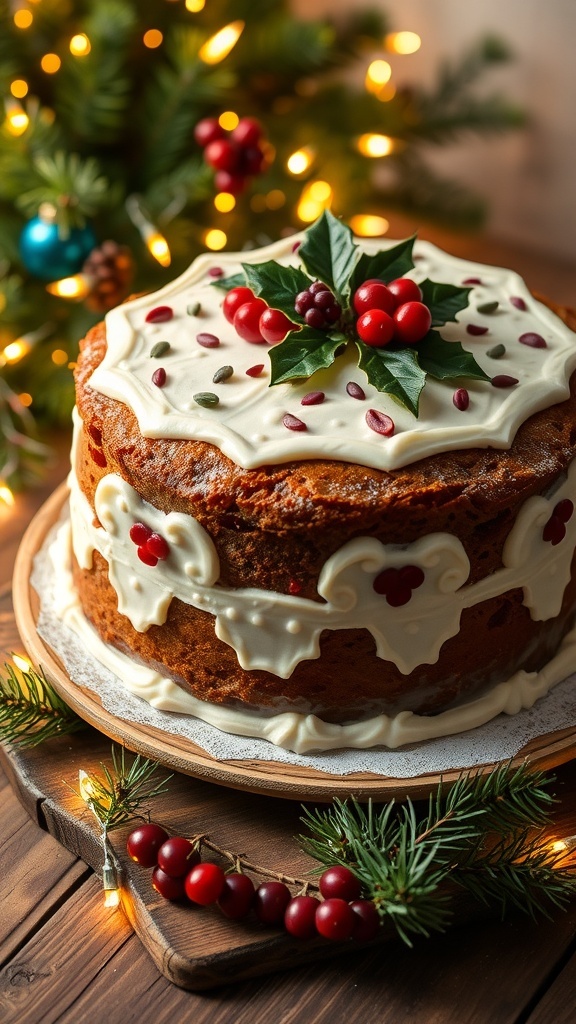 A traditional Christmas fruit cake decorated with icing and holly, on a wooden table with festive decorations.